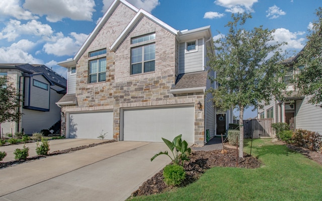 view of front of home with a front lawn and a garage