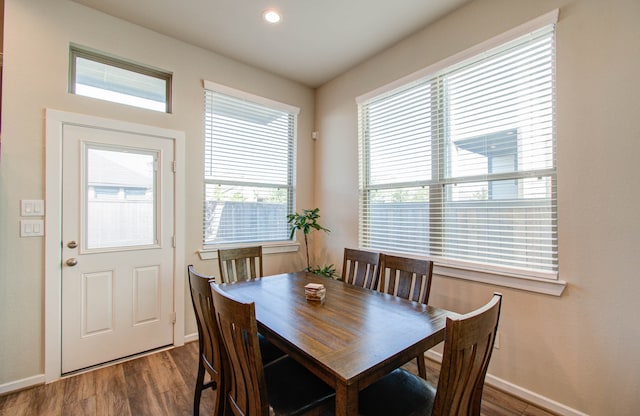 dining area featuring dark wood-type flooring and a wealth of natural light