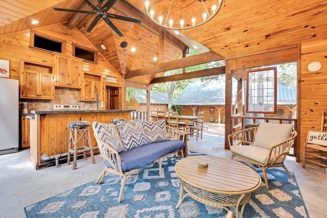 living room with wood ceiling, wood walls, beamed ceiling, and ceiling fan