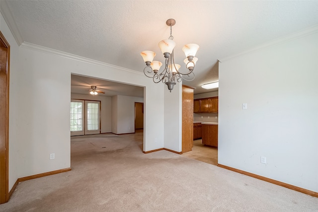 unfurnished room featuring crown molding, light carpet, a textured ceiling, and ceiling fan with notable chandelier