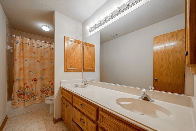 full bathroom with vanity, a textured ceiling, toilet, and shower / bathtub combination with curtain