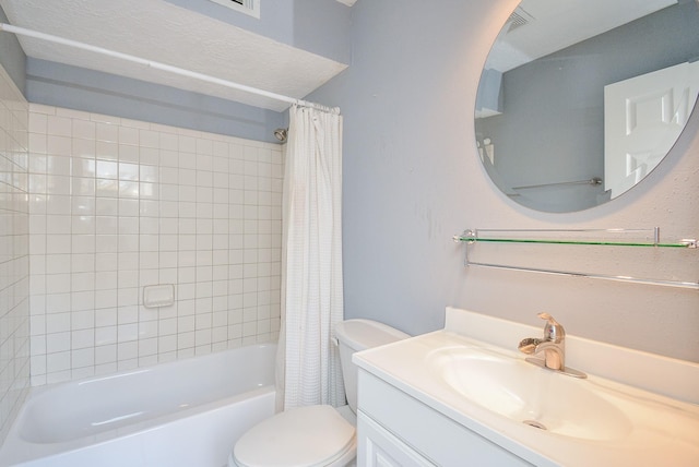 full bathroom featuring vanity, shower / bathtub combination with curtain, and toilet