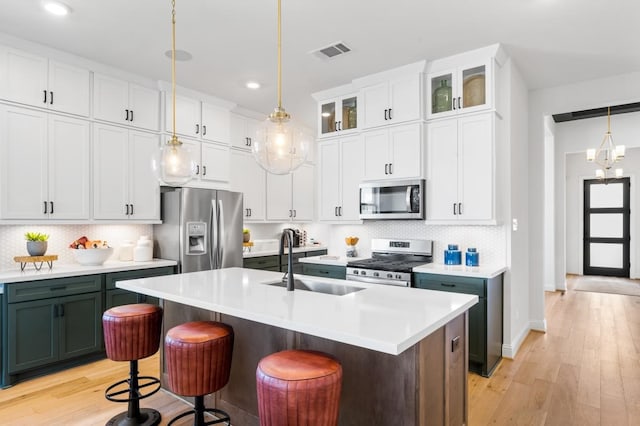 kitchen with white cabinetry, stainless steel appliances, sink, and a center island with sink