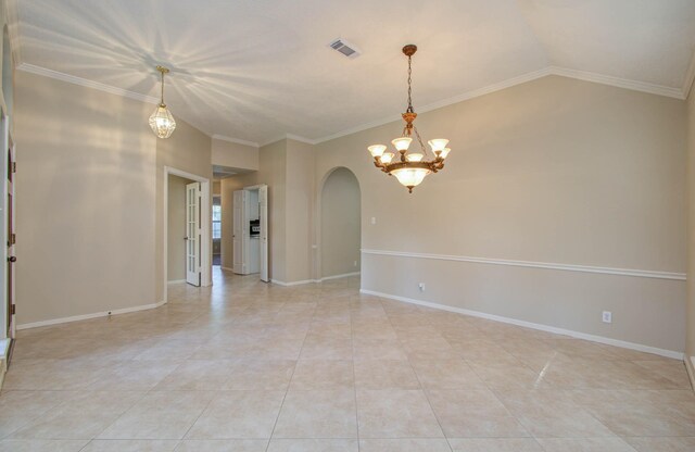 unfurnished room featuring ornamental molding, vaulted ceiling, a notable chandelier, and light tile patterned flooring