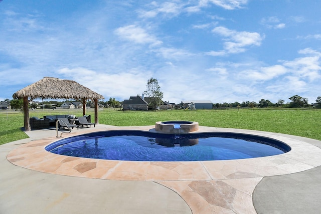 view of pool featuring a gazebo, a lawn, and a patio