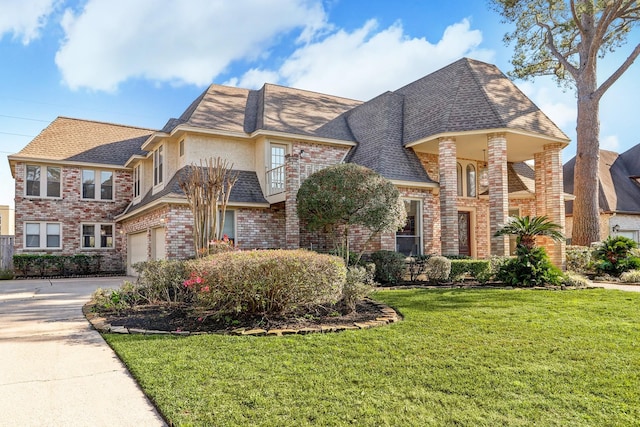 view of front of property featuring a front yard and a garage