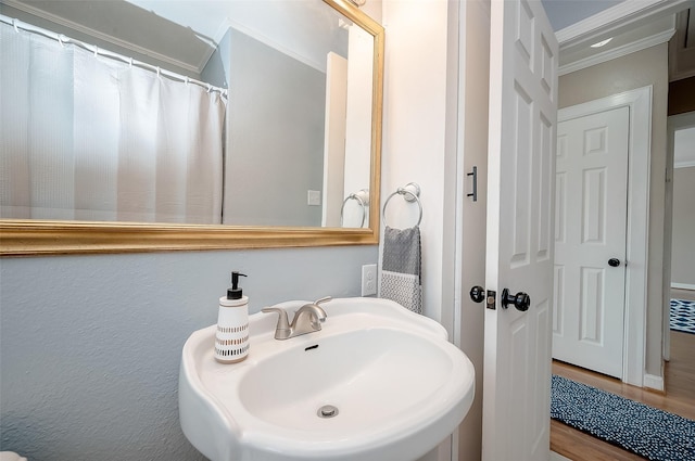 bathroom featuring a shower with curtain, crown molding, wood finished floors, and a sink