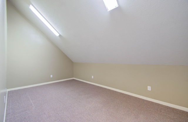 bonus room with lofted ceiling with skylight and carpet