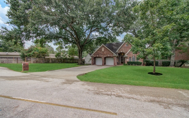 view of front of home featuring a front yard and a garage