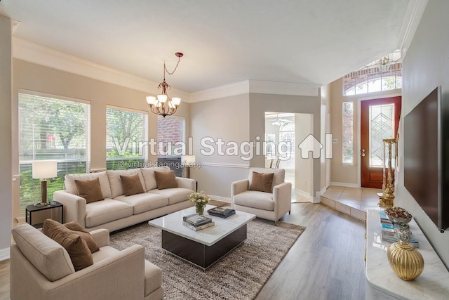 living room featuring a notable chandelier, a healthy amount of sunlight, wood-type flooring, and crown molding