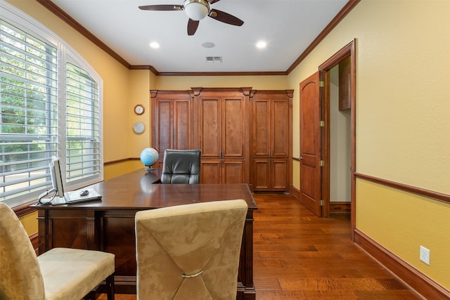 office space with ornamental molding, dark hardwood / wood-style floors, and ceiling fan