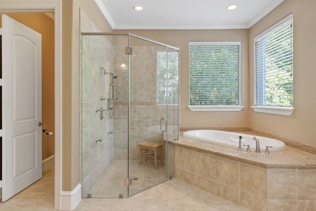 bathroom featuring crown molding, independent shower and bath, and tile patterned flooring