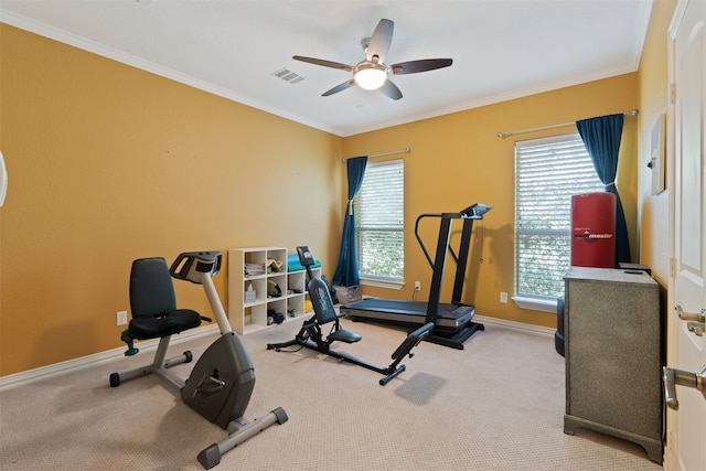 exercise room featuring a wealth of natural light, ornamental molding, light colored carpet, and ceiling fan