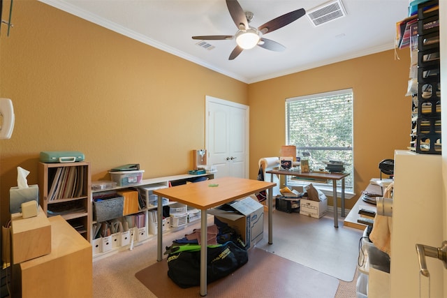 home office with crown molding and ceiling fan