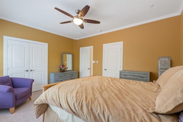 bedroom with ceiling fan, light carpet, and ornamental molding