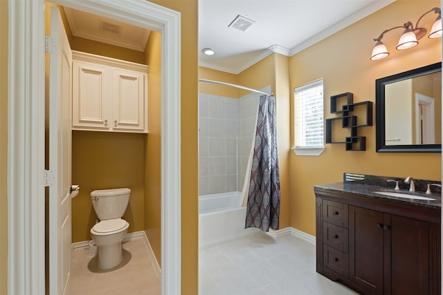 full bathroom featuring toilet, shower / bath combo, vanity, crown molding, and tile patterned floors