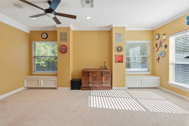 interior space featuring crown molding, ceiling fan, and plenty of natural light