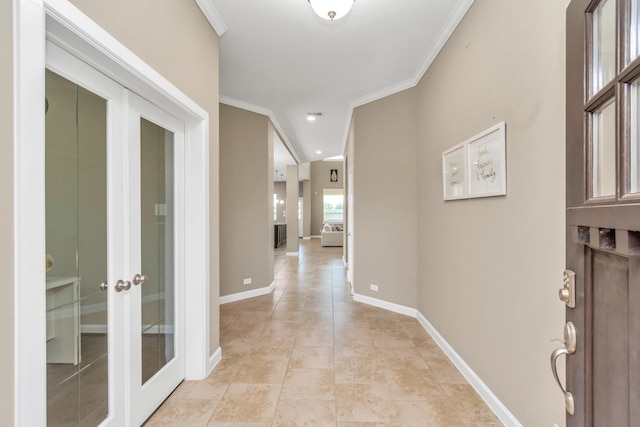 hallway with french doors and ornamental molding