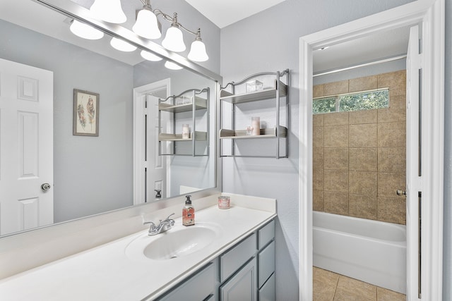 bathroom with vanity, tile patterned flooring, and tiled shower / bath