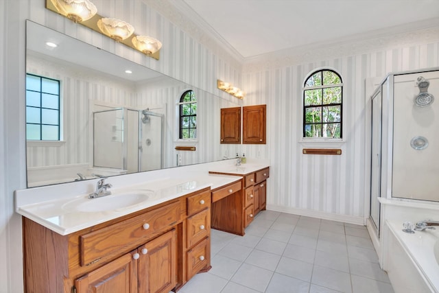 bathroom featuring vanity, ornamental molding, separate shower and tub, and tile patterned flooring