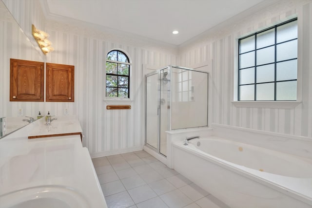 bathroom featuring vanity, crown molding, independent shower and bath, and tile patterned floors