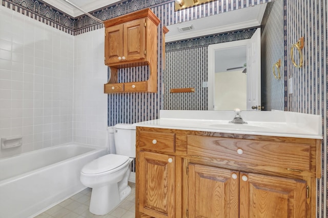 full bathroom featuring vanity, shower / washtub combination, ornamental molding, and toilet