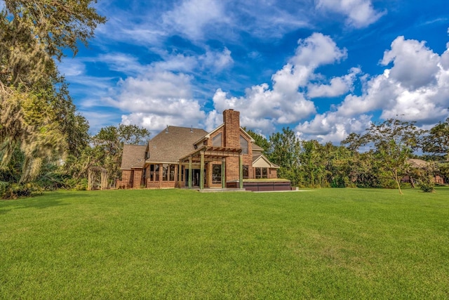 816 Lake Rd, Lake Jackson, TX 77566 - back of property with a pergola, a yard, and a chimney