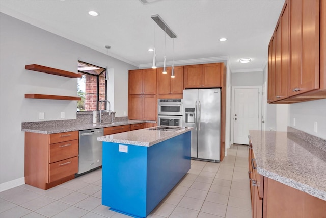 816 Lake Rd, Lake Jackson, TX 77566 - kitchen featuring appliances with stainless steel finishes, crown molding, brown cabinetry, light tile patterned floors, and light stone countertops