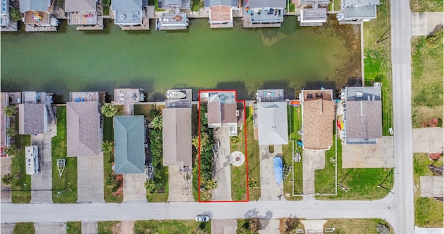 drone / aerial view featuring a water view