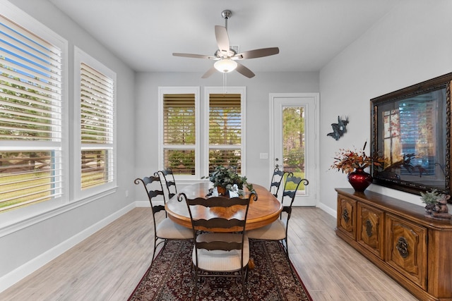 dining area featuring light hardwood / wood-style floors and ceiling fan