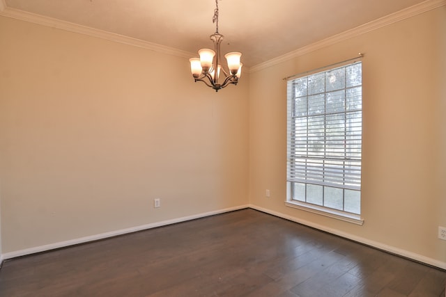 empty room featuring dark wood-type flooring, crown molding, and a chandelier