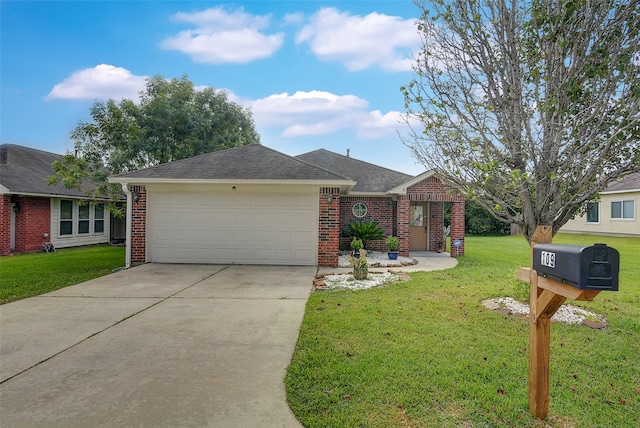 ranch-style home featuring a garage and a front lawn