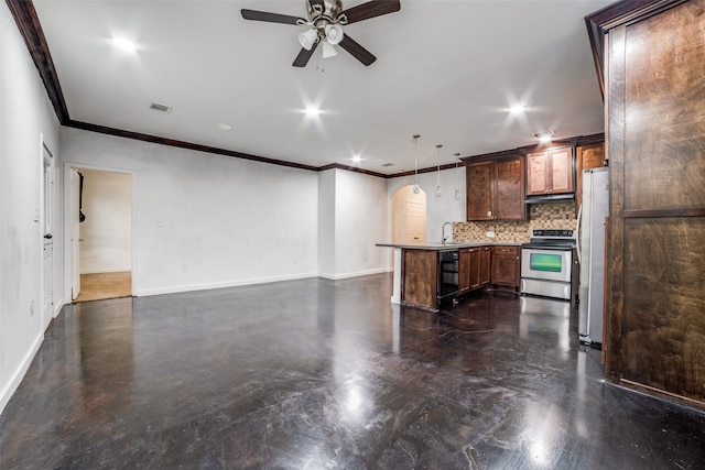 kitchen with sink, tasteful backsplash, crown molding, pendant lighting, and electric stove