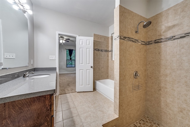 bathroom with vanity, tile patterned flooring, ceiling fan, and separate shower and tub