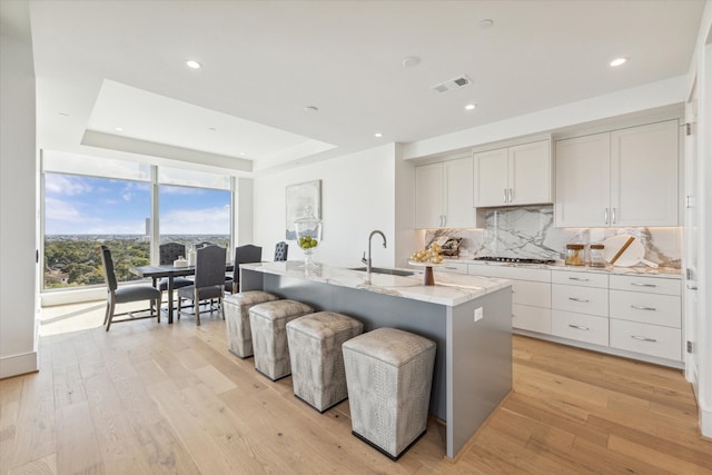 kitchen with light hardwood / wood-style flooring, a tray ceiling, sink, and a kitchen island with sink