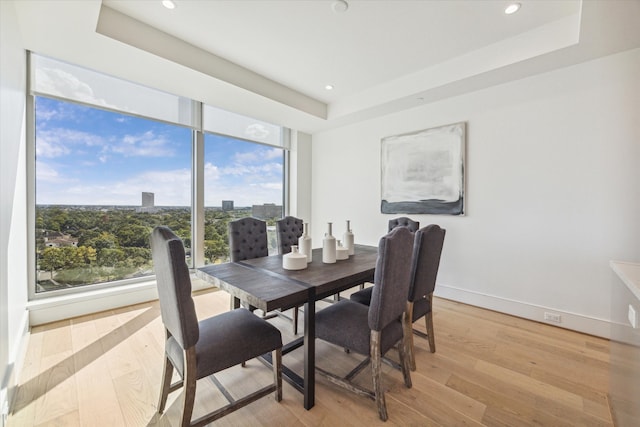 dining area with light hardwood / wood-style floors, a raised ceiling, and a wealth of natural light