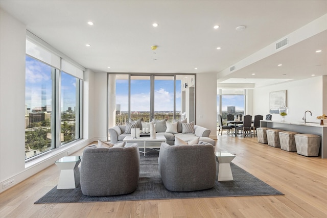 living room with a wealth of natural light, sink, and light wood-type flooring