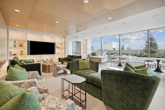 living room with built in features and wooden ceiling