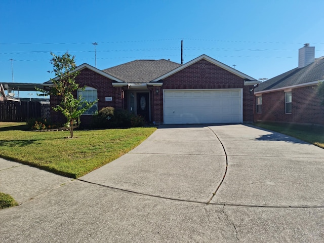 single story home with a garage and a front lawn