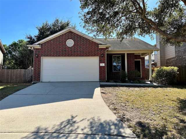 ranch-style house featuring a garage and a front lawn