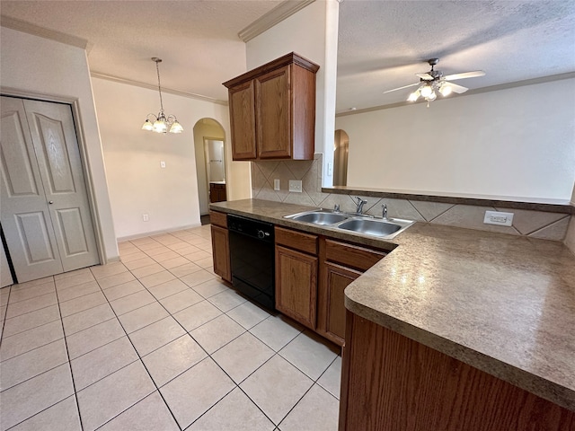 kitchen with sink, dishwasher, ceiling fan with notable chandelier, decorative backsplash, and light tile patterned floors