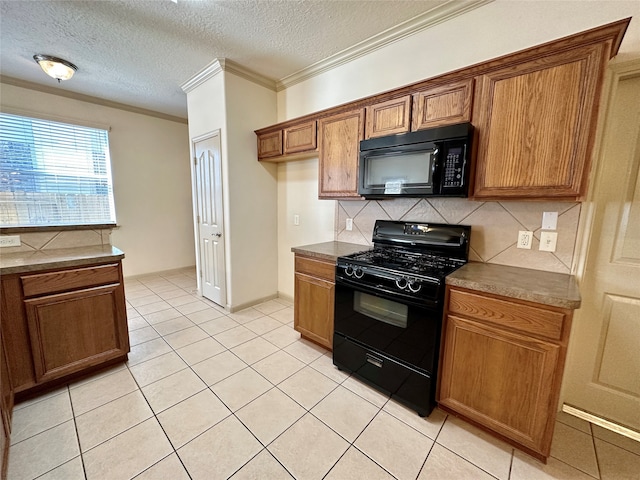 kitchen featuring decorative backsplash, light tile patterned floors, a textured ceiling, black appliances, and crown molding