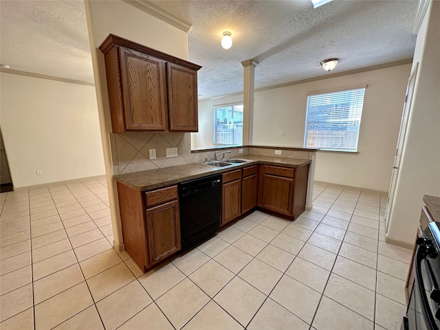 kitchen featuring sink, black dishwasher, light tile patterned floors, and backsplash