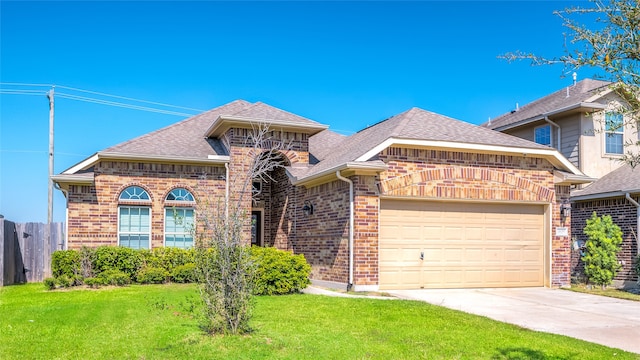 view of front property featuring a garage and a front lawn