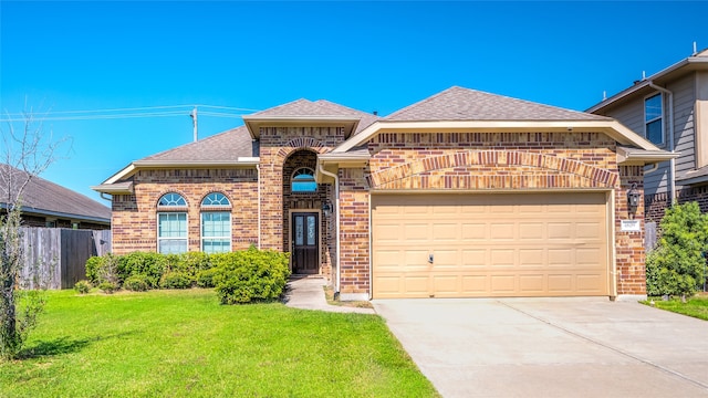 view of front of property with a front yard and a garage