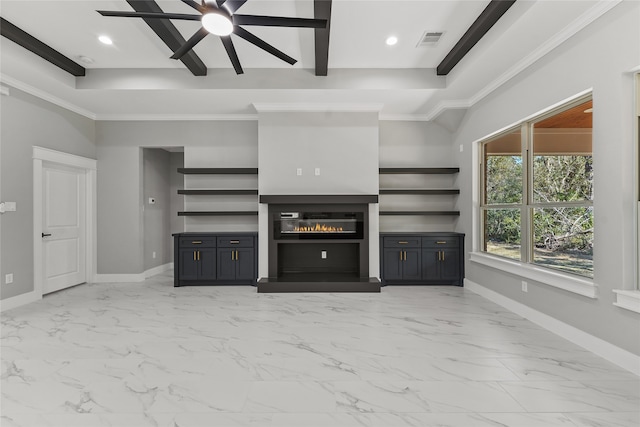 unfurnished living room featuring ceiling fan and ornamental molding