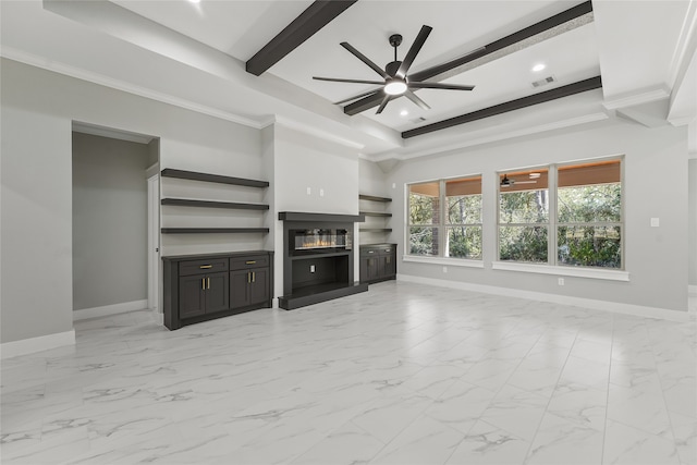 unfurnished living room featuring crown molding, beam ceiling, built in features, and ceiling fan