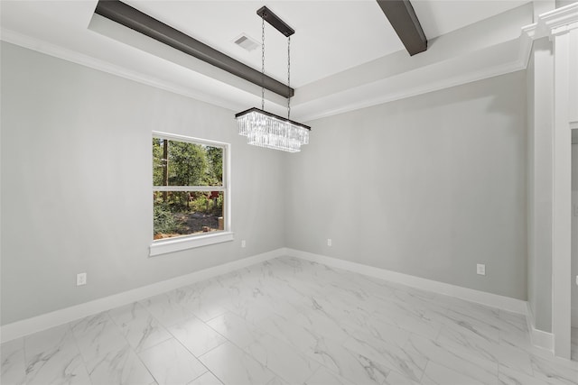 empty room with ornamental molding and beam ceiling