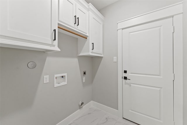 clothes washing area featuring hookup for a washing machine, electric dryer hookup, and cabinets