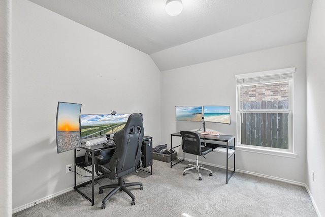 carpeted office with vaulted ceiling